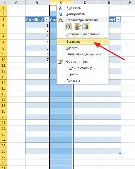 добавление столбцов в таблицу эксель 1.1